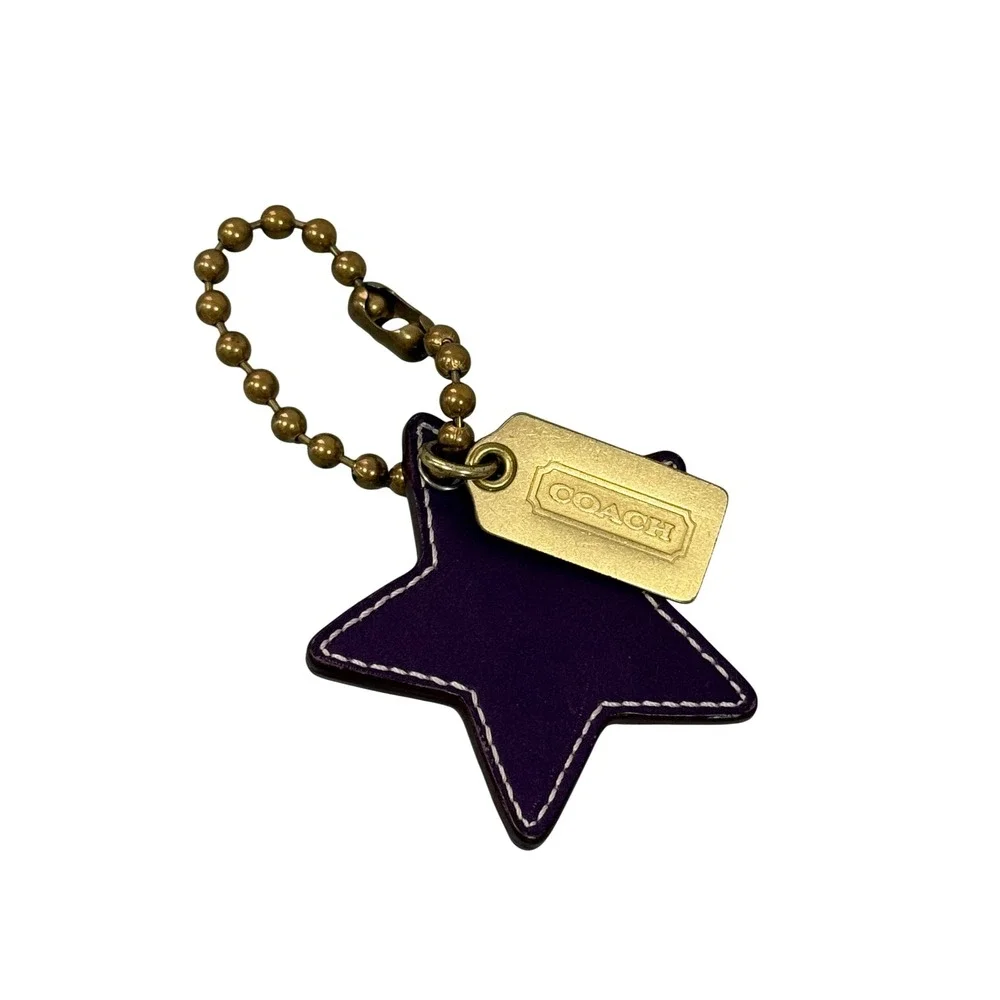 VTG Coach Purple Leather Star Bag Charm Gold Metallic Keychain Hangtag Brass